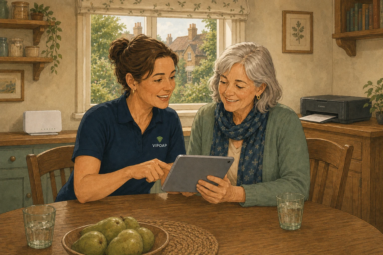 A female VIPOAP Engineer Partner helping a customer with a tablet, home router and compact printer