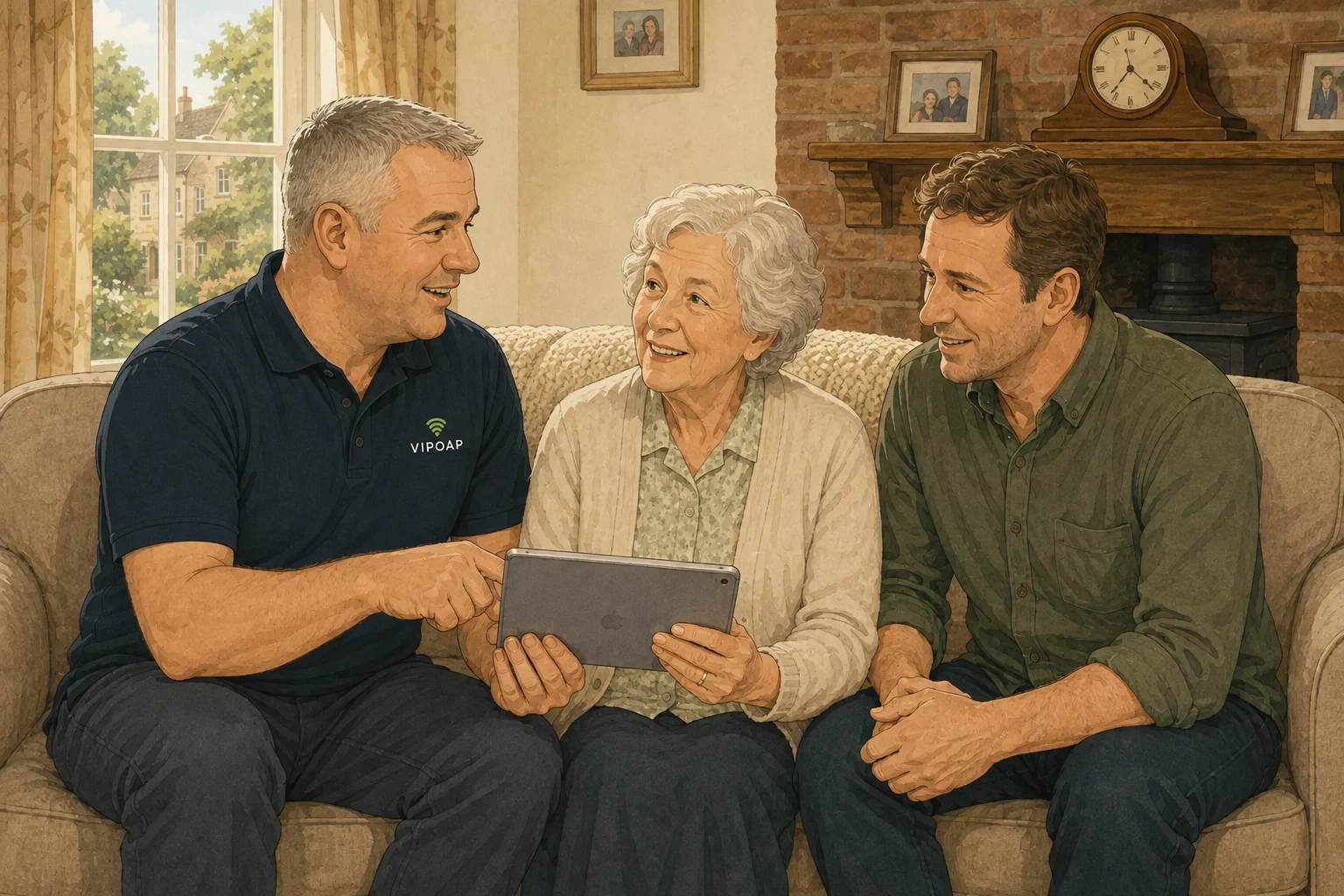 A VIPOAP Engineer Partner helping an older customer while her son stays involved