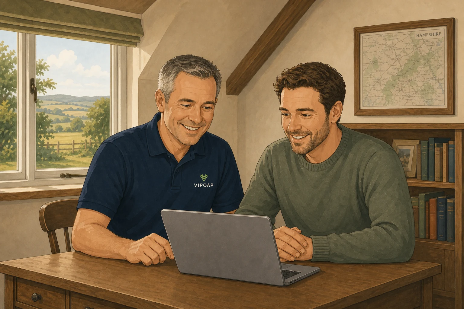 A VIPOAP Engineer Partner helping a customer use a laptop clearly and confidently