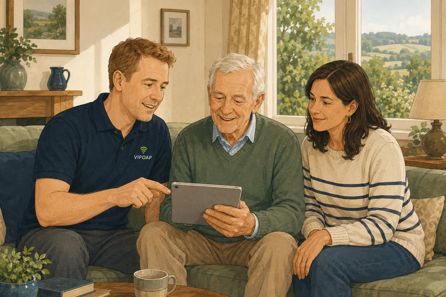 A VIPOAP Engineer Partner helping a customer while a trusted family member stays involved