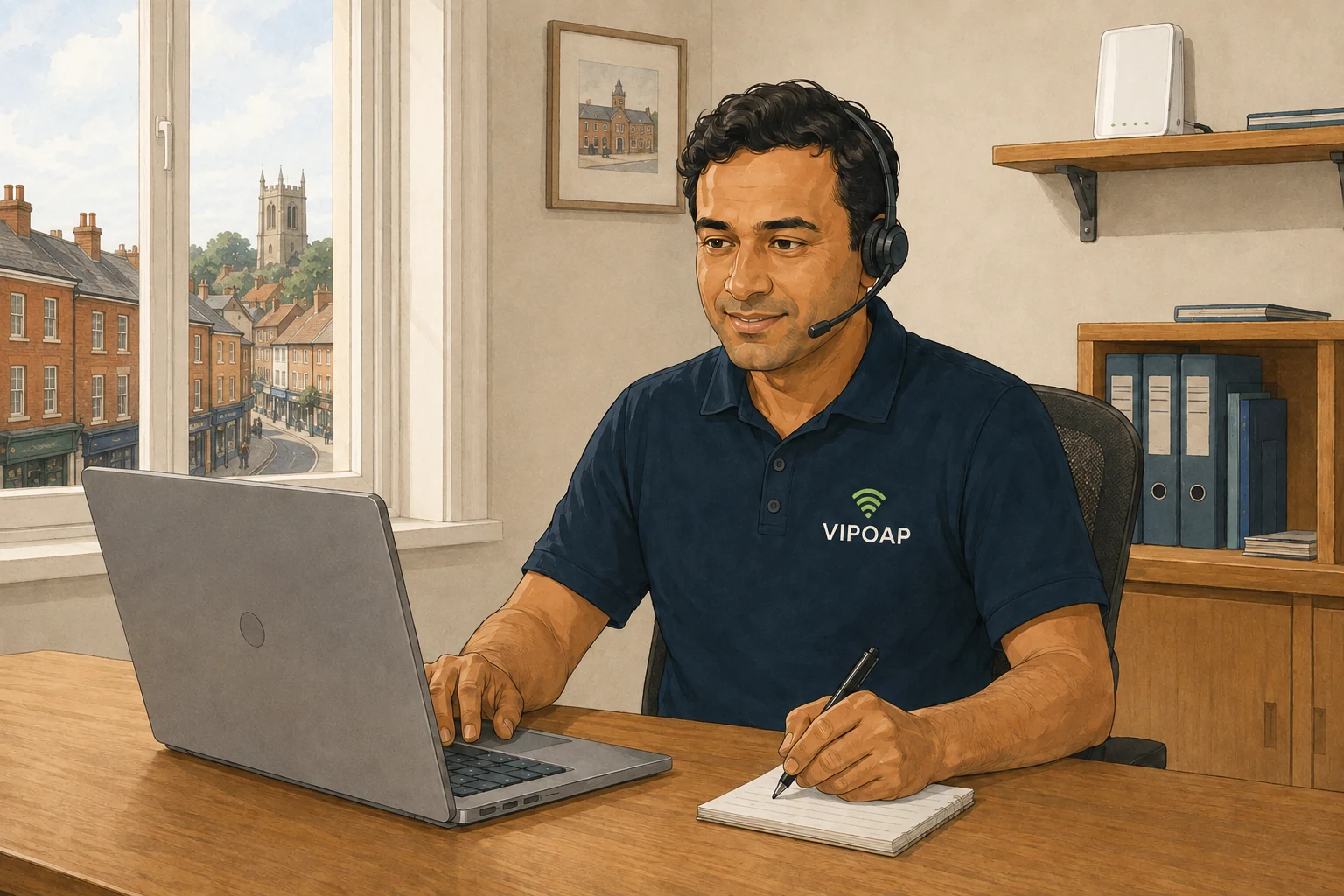 A VIPOAP Engineer Partner providing remote support from a Hampshire town office