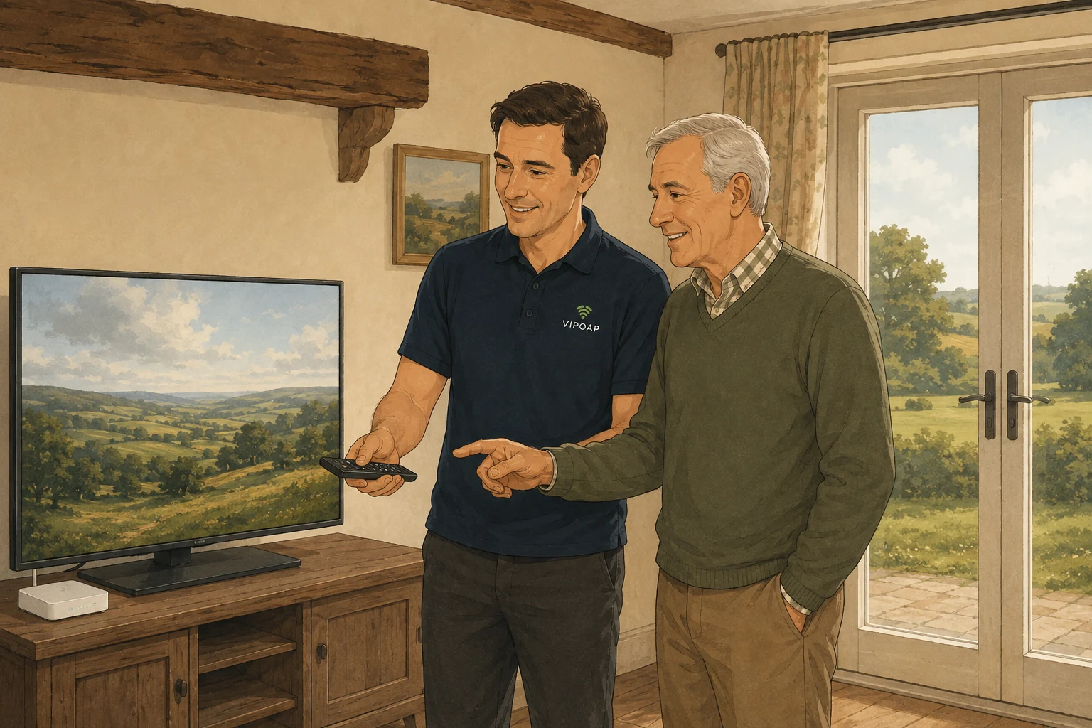 A VIPOAP Engineer Partner helping a customer with a Smart TV and home router